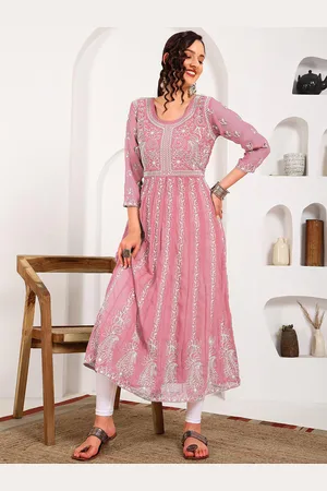 HERE&NOW HERENOW Women Chikankari Embroidered Thread Work Georgette Anarkali Kurta