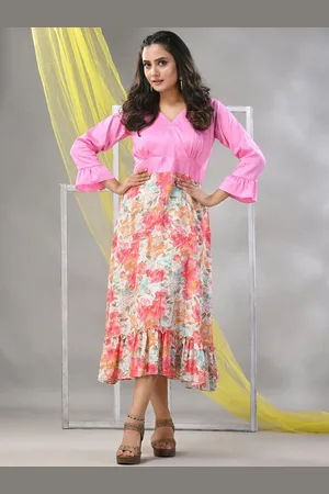 Charukriti Floral Printed V-Neck Bell Sleeves Fit & Flared Midi Dress