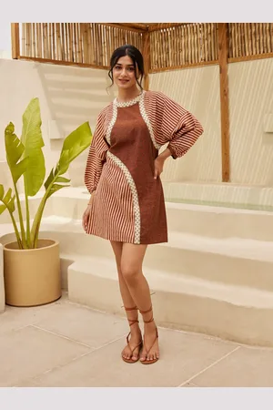 Ambraee Round Neck Bishop Sleeves Lace-Up Striped Above Knee A-Line Cotton Dress