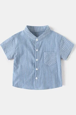 Stylecast Boys Short Sleeves Mandarin Collar Cotton Opaque Striped Casual Shirt