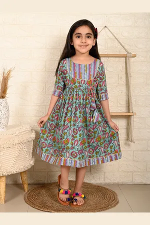 Sangria Blue Girls Floral Printed Printed Round Neck Cotton A-Line Dress