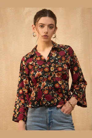 Rare Fashion Black Floral Printed Shirt Collar Bell Sleeve Top