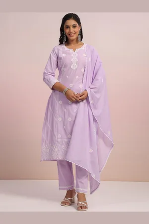 SCAKHI Floral Embroidered Notch Neck Thread Work Straight Kurta With Trousers & Dupatta