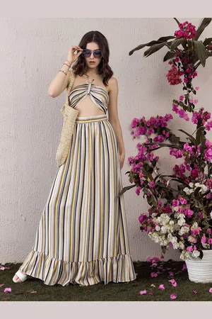 Berrylush Halter Neck Striped Sleeveless Maxi Dress