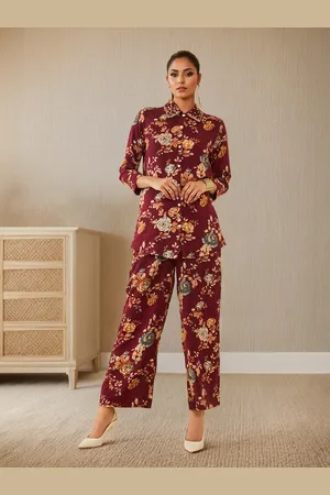 Soch Marron & Grey Floral Printed Top with Trousers