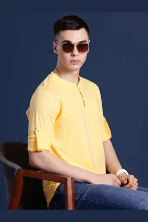 HANCOCK Men Henley Neck Roll-Up Sleeves Pure Cotton T-shirt