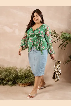 Berrylush Plus Size Green Floral Printed V-Neck Bishop Sleeve Wrap Top