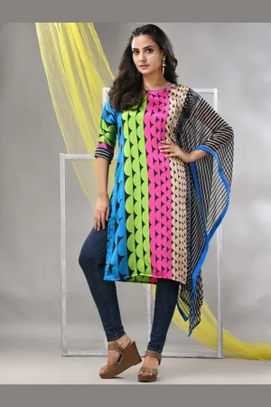 Charukriti Women Geometric Printed Boat Neck Thread Work Satin A-Line Kurta