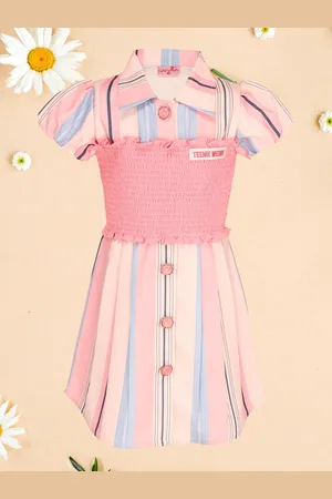 CUTECUMBER Girls Striped Print Shirt Collar Short Sleeves A-Line Dress