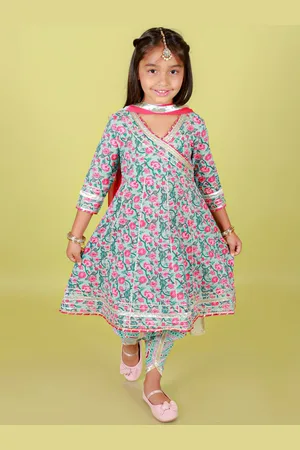 Stuffie Land Girls Floral Printed Angrakha Cotton Anarkali Kurta & Salwar With Dupatta