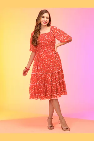 Globus Women Red Floral Printed Puff Sleeve Chiffon Fit & Flare Midi Dress