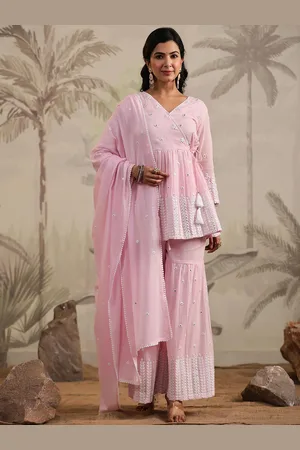 SCAKHI Embroidered Mulmul Cotton A-Line Angrakha Kurta With Sharara & Dupatta