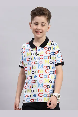 Monte Carlo Boys Polo Collar Short Sleeves Typography Printed Regular Fit Cotton T-shirt