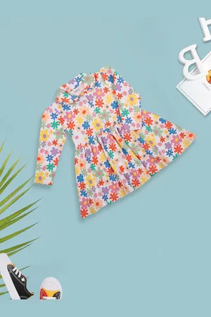 MeeMee Girls Floral Print Shirt Collar Cotton Fit & Flare Dress