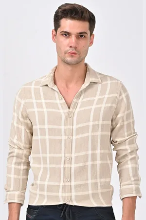 POE Men Windowpane Checked Spread Collar Pure Cotton Smart Slim Fit Casual Shirt