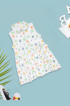 MeeMee Girls Floral Print Shirt Collar Cotton A-Line Dress