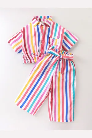 CrayonFlakes Girls Striped Shirt Collar Short Sleeves Shirt with Palazzo