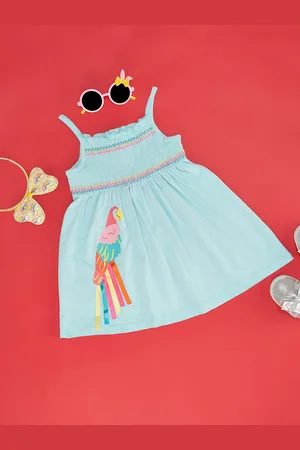 Pantaloons Girls Printed Shoulder Straps Gathered Smocked Cotton Fit & Flare Dress