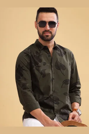 HERE&NOW Slim Fit Floral Printed Spread Collar Long Sleeves Cotton Casual Shirt