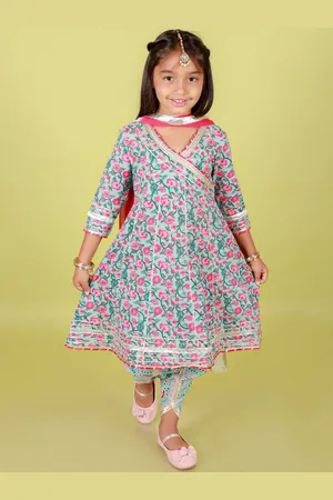 Stuffie Land Girls Printed Pure Cotton Anarkali Kurta With Dhoti Pants & Dupatta