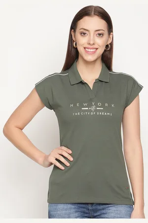 METTLE Women Olive Green Typography Printed Polo Collar Extended Sleeves Cotton T-shirt