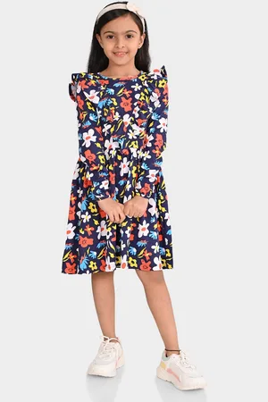 BONKIDS Girls Floral Print Cotton Fit & Flare Dress
