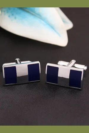 KOVOVE Men Silver-Toned & Navy Blue Colourblocked Rectangle Cufflinks