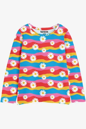 BONKIDS Girls Floral Printed Round Neck Long Sleeves Cotton T-shirt