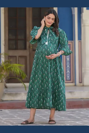 Aujjessa Printed Tie-Up Neck Maternity A-Line Midi Dress