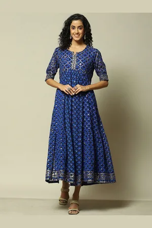 Rangriti Ethnic Motifs Print Keyhole Neck Georgette Formal Fit & Flare Midi Dress