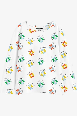 BONKIDS Girls Floral Printed Round Neck Long Sleeves Cotton T-shirt