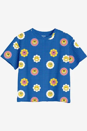 BONKIDS Girls Conversational Printed Cap Sleeves Applique Cotton Oversized T-shirt