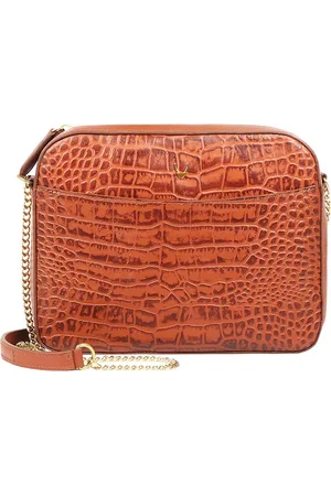 Hidesign Tan Brown Croc Textured Leather Handcrafted Structured Sling Bag