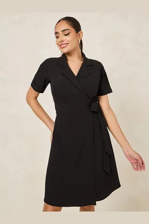 Styli Black Shirt Collar Short Sleeves Wrap Dress