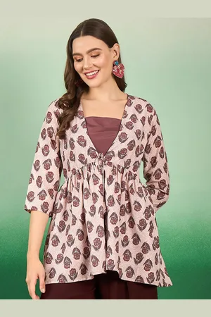 Sangria Brown Floral Printed Gathered Cotton Empire Top