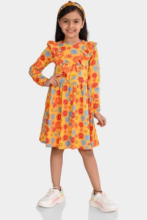 BONKIDS Girls Floral Print Cotton Fit & Flare Dress