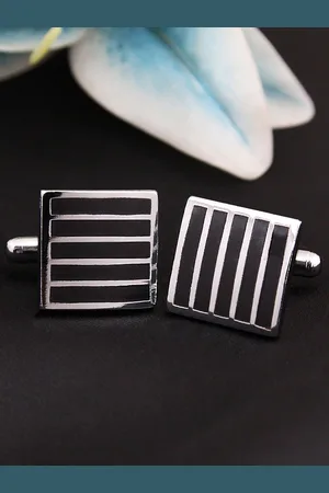 KOVOVE Men Black & Silver-Toned Striped Square Cufflinks
