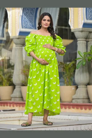 Aujjessa Floral Printed Off-Shoulder Puff Sleeves Maternity Cotton A-Line Midi Dress