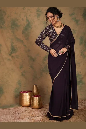 Sangria Women Solid Lace Bordered Saree with Embroidered Blouse Piece