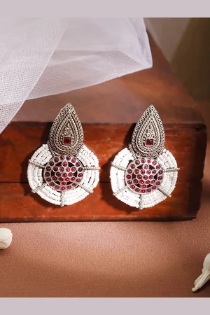 Rubans Women Silver-Toned Red Stone Studded White Beaded Drop Earrings