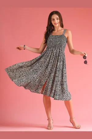 Globus Women Black & White Smocked Fit & Flare Midi Dress