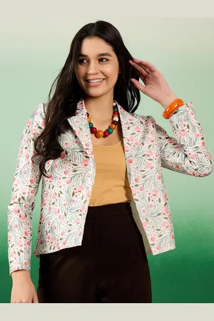 Sangria White Printed Notched Lapel Front Open Blazer