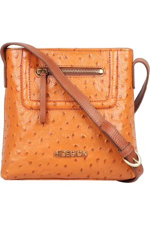 Hidesign Women Mustard Yellow & Brown Textured Leather Structured Sling Bag