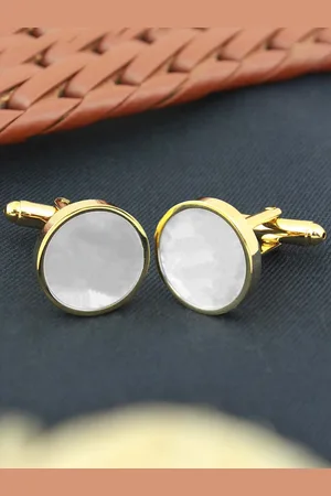 PELUCHE Men Gold-Toned & Plated Semi Precious Pearl Studded Round Cufflinks