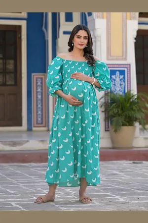 Aujjessa Floral Printed Off-Shoulder Flared Maternity Cotton A-Line Midi Dress