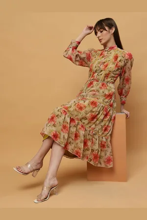 BEATNIK Floral Printed Mandarin Collar Full Sleeve Chiffon A-Line Maxi Dress