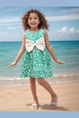 A.T.U.N. Girls Floral Print Round Neck Sleeveless Bow A-Line Dress