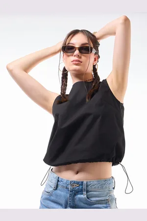 Bewakoof Cotton Round Neck Sleeveless Blouson Crop Top