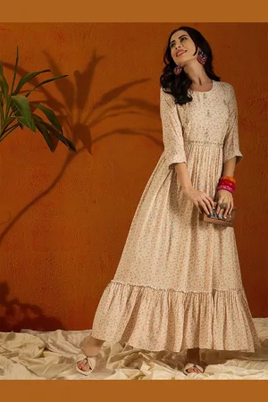 Anouk Beige Floral Printed Three-Quarter Sleeves Flared Cotton Maxi Dress