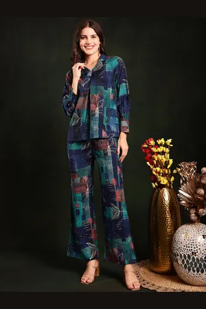 Claura Plus Size Blue Abstract Printed Tunic With Trouser Co-Ords